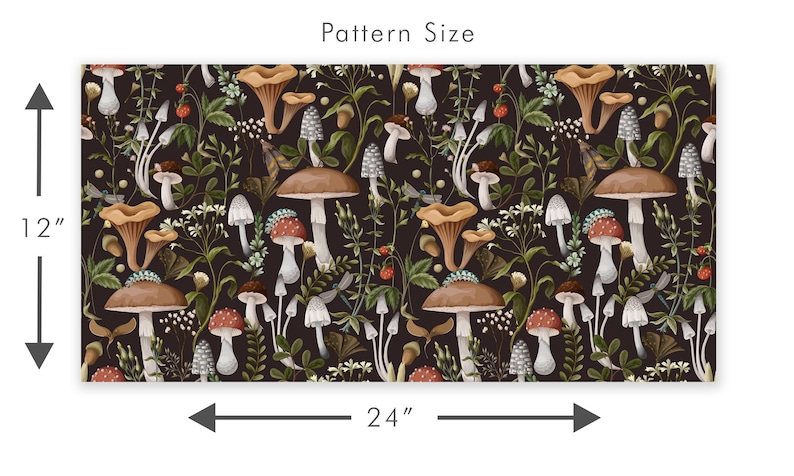 Dark botanical mushroom fabric peel and stick wallpaper pattern size graphic