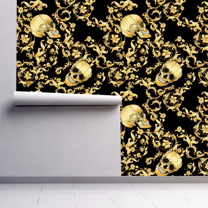 Black Victorian baroque gothic skull peel and stick wallpaper
