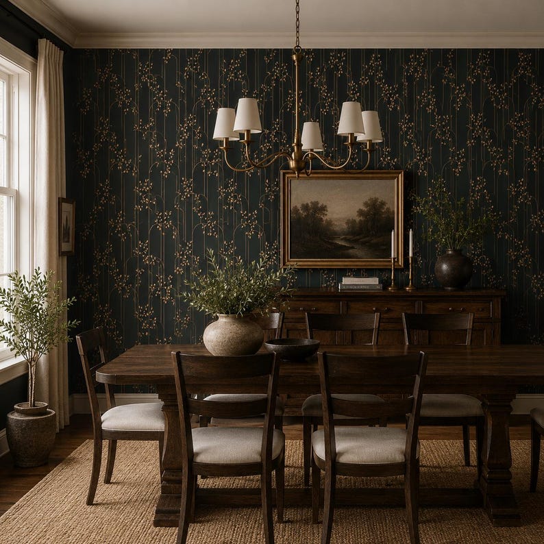 K&ouml;nnte beinhalten: Ein Esszimmer mit einem dunklen Holztisch und St&uuml;hlen, einem Sideboard und einem Kronleuchter. Die W&auml;nde sind mit dunkler Tapete mit einem goldenen Blumenmuster bedeckt. Ein Landschaftsgem&auml;lde h&auml;ngt an der Wand &uuml;ber dem Sideboard.