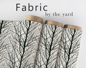 Black Tree Silhouette Fabric, Modern Woodland Textiles, Nature Forest Upholstery Material by the Yard, Moody Botanical Decor Fabric