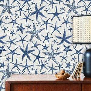 Blue starfish nautical fabric peel and stick wallpaper