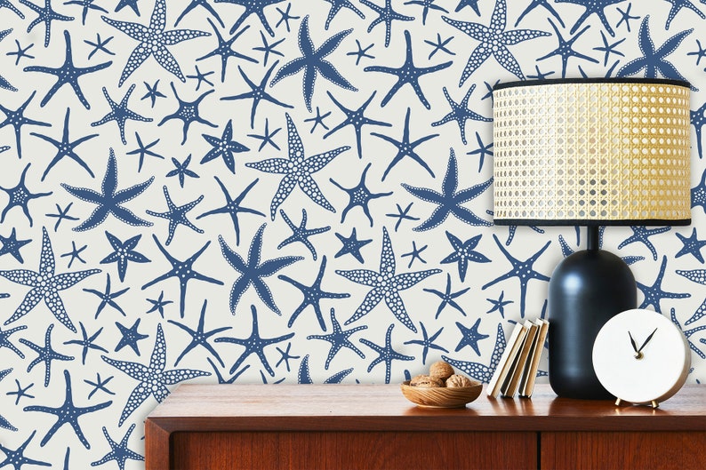 Blue starfish nautical fabric peel and stick wallpaper