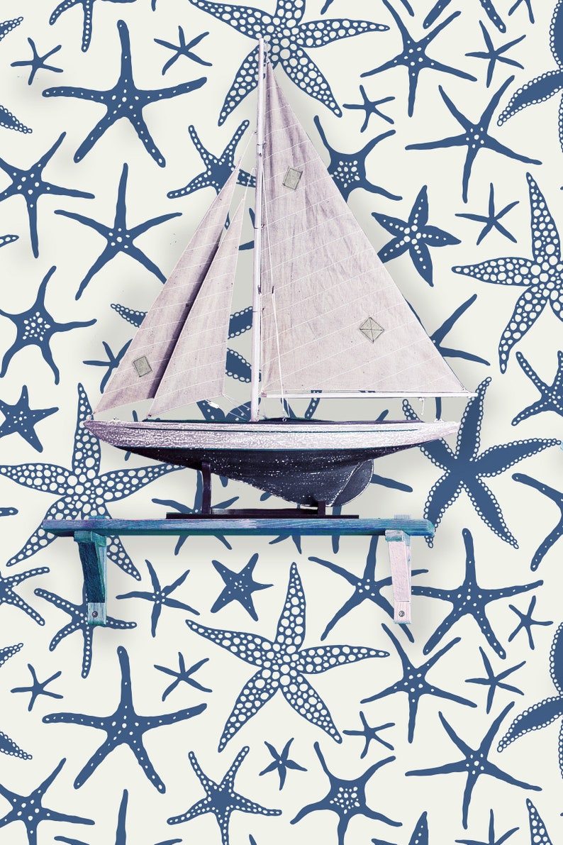 Blue starfish nautical fabric peel and stick wallpaper