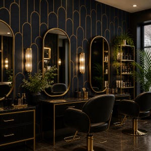 May include: A luxurious salon interior featuring black and gold accents. Oval mirrors with gold frames hang above black countertops. Black salon chairs with gold bases are positioned in front of the mirrors. The walls are dark blue with a gold art deco pattern.