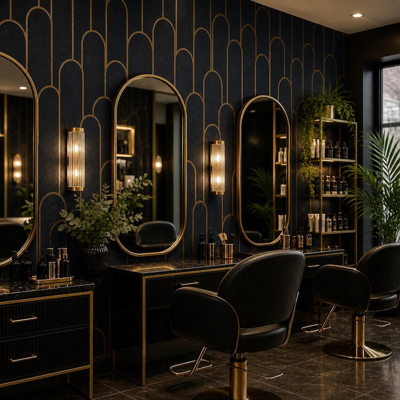 May include: A luxurious salon interior featuring black and gold accents. Oval mirrors with gold frames hang above black countertops. Black salon chairs with gold bases are positioned in front of the mirrors. The walls are dark blue with a gold art deco pattern.