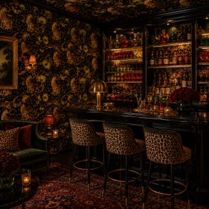May include: A bar area featuring three high-backed bar stools with leopard print upholstery and black legs. The stools are positioned in front of a dark wooden bar counter with illuminated glass shelving displaying various bottles and glassware.