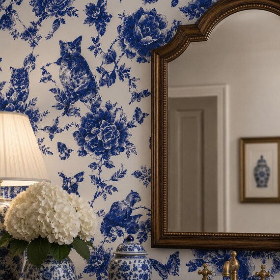 Victorian Wallpaper, Toile Wallpaper, Antique Wallpaper, Cat Wallpaper, Cottage Wallpaper, Peel and Stick Wallpaper, Fabric Wallpaper