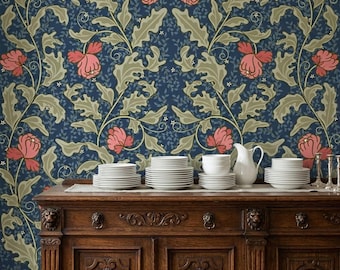 William Morris Inspired Floral Wallpaper, Vintage Blue Botanical Damask Pattern, Arts and Crafts Cottage Wall Decor