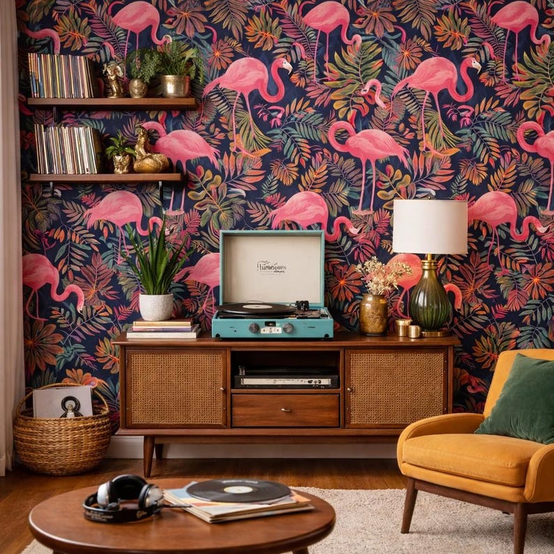 Retro Wallpaper, Palm Wallpaper, Flamingo Wallpaper, Tropical Wallpaper, Mid Century Wallpaper, Peel and Stick Wallpaper, Fabric Wallpaper Bild 10