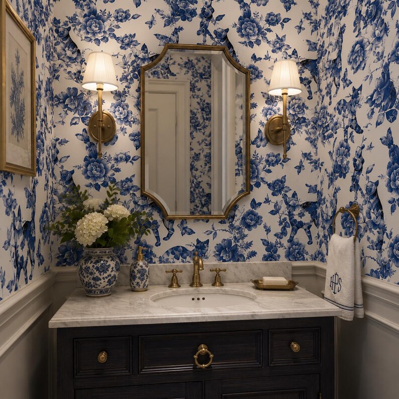 Puede incluir: Un ba&ntilde;o con papel pintado floral azul y blanco, un tocador azul oscuro con herrajes dorados y una encimera de m&aacute;rmol. Un espejo con marco dorado cuelga sobre el lavabo y una toalla blanca con monograma cuelga de un toallero dorado.