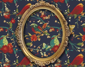 Bird Wallpaper, Garden Wallpaper, Cottage Wallpaper, Botanical Wallpaper, Peel and Stick Wallpaper, Fabric Wallpaper