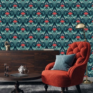 Victorian Wallpaper, Art Nouveau Wallpaper, Dark Wallpaper, Damask Antique Flower Wallpaper, Peel and Stick Wallpaper, Fabric Wallpaper