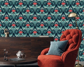 Victorian Wallpaper, Art Nouveau Wallpaper, Dark Wallpaper, Damask Antique Flower Wallpaper, Peel and Stick Wallpaper, Fabric Wallpaper