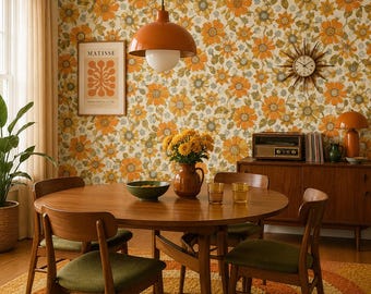 May include: A retro-style dining room with a round wooden table and chairs. The room features floral wallpaper, a vintage clock, and a mid-century modern sideboard. A vase of yellow flowers sits on the table, and a pendant light hangs above.