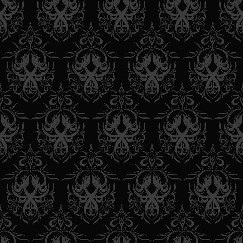 Black Victorian gothic damask fabric peel and stick wallpaper