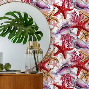 Starfish Wallpaper, Tropical Wallpaper, Coastal Wallpaper, Pink Beach Seashell Wallpaper, Peel & Stick Wallpaper, Fabric Wallpaper