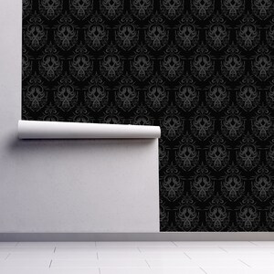 Black Victorian gothic damask fabric peel and stick wallpaper
