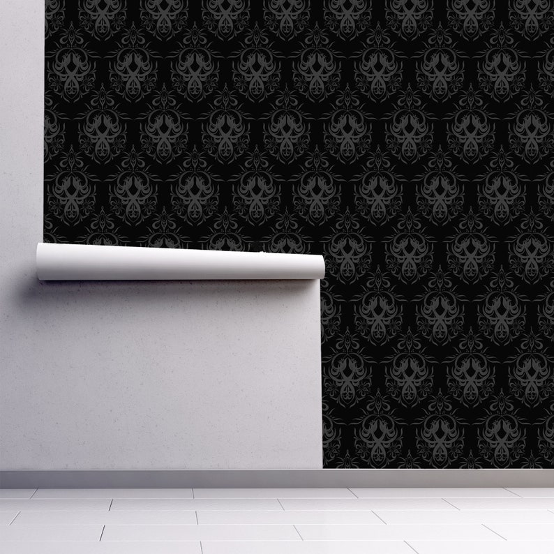 Black Victorian gothic damask fabric peel and stick wallpaper