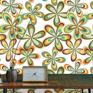 Vintage retro colorful floral fabric peel and stick wallpaper