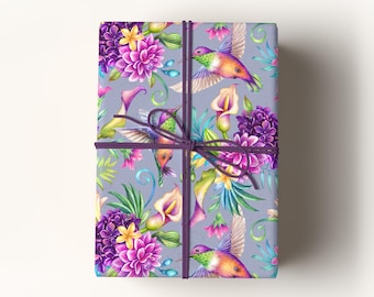 Hummingbird Wrapping Paper, Bird Gift Wrap, Purple Wrapping Paper, Floral Botanical Wrapping Paper, Premium Gift Wrap, Crafting Paper