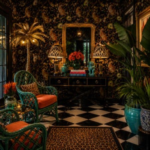 May include: A room featuring two green rattan chairs with orange cushions, a black console table with a gold-framed mirror, two lamps with patterned shades, a gold palm tree floor lamp, and a leopard print rug on a black and white checkered floor.