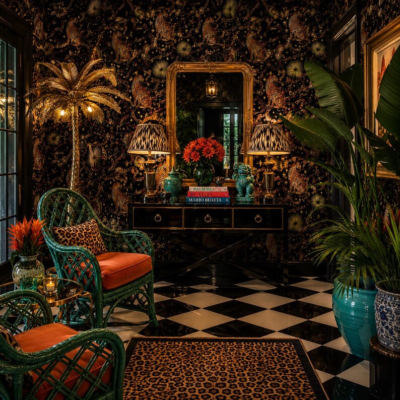 May include: A room featuring two green rattan chairs with orange cushions, a black console table with a gold-framed mirror, two lamps with patterned shades, a gold palm tree floor lamp, and a leopard print rug on a black and white checkered floor.