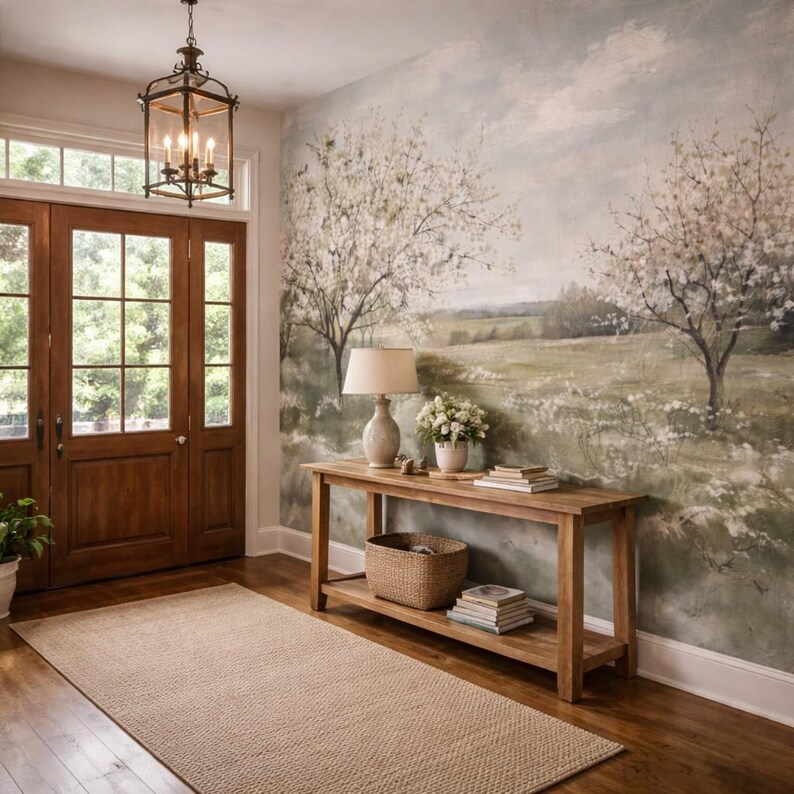 Spring Orchard Wall Mural, Soft Pastoral Blossom Landscape, Romantic ...