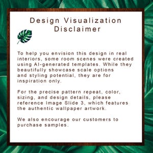 Puede incluir: Un letrero rectangular blanco con borde marr&oacute;n que dice "Design Visualization Disclaimer". Incluye un gr&aacute;fico de hoja verde y texto sobre el uso de plantillas generadas por IA para inspiraci&oacute;n y anima a comprar muestras.