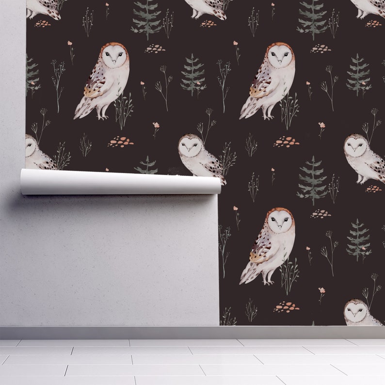 Peel and stick woodland owl dark wallpaper