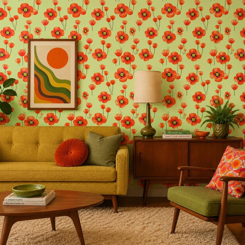 Puede incluir: Un sal&oacute;n de estilo retro con un sof&aacute; amarillo, un sill&oacute;n verde y una mesa de centro de madera. Las paredes est&aacute;n cubiertas con un papel pintado de amapolas. Una obra de arte enmarcada con un sol naranja y l&iacute;neas onduladas cuelga de la pared. Cojines decorativos y una l&aacute;mpara.