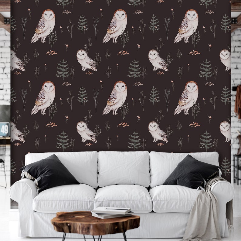Peel and stick woodland owl dark wallpaper
