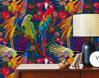 May include: A blue background with a repeating pattern of colorful parrots, pomegranates, and leaves. The parrots are in various poses, some are flying, some are perched on branches, and some are looking at the viewer. The pomegranates are red and have green leaves. The leaves are green and have a variety of shapes. The pattern is vibrant and colorful.