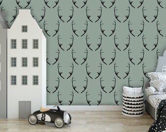 Scandinavian Wallpaper, Deer Wallpaper, Antler Wallpaper, Boy Nursery Wallpaper, Peel and Stick Wallpaper, Fabric Wallpaper