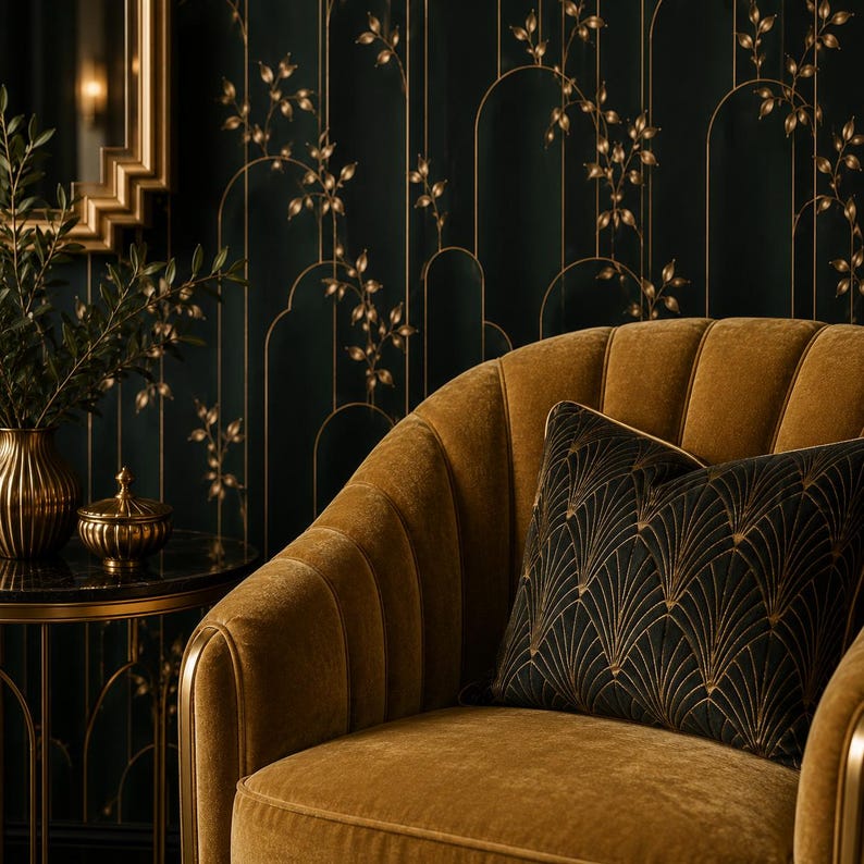K&ouml;nnte beinhalten: Ein senfgelber Samtsessel mit einem schwarz-gold gemusterten Kissen. Der Hintergrund zeigt dunkelgr&uuml;ne Tapeten mit goldenen floralen und geometrischen Designs. Eine goldene Vase und eine dekorative Dose stehen auf einem kleinen Tisch.