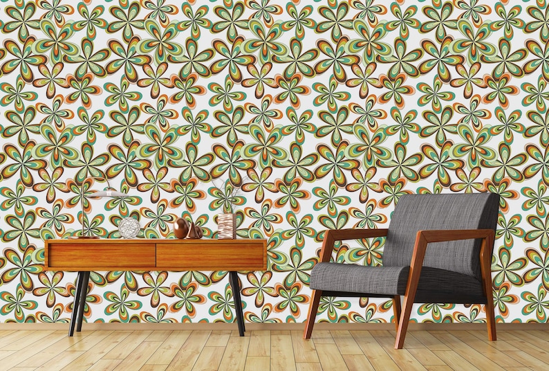 Vintage retro colorful floral fabric peel and stick wallpaper