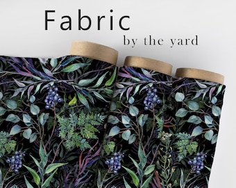 Botanical Fabric, Garden Material, Woodland Textiles, Plants Design, Rainforest Cloth, Dark Moody Pattern, Fabric By The Yard