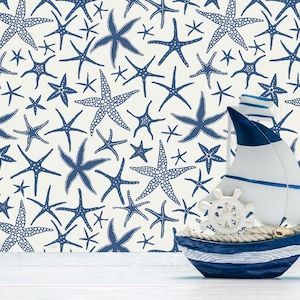 Blue starfish nautical fabric peel and stick wallpaper