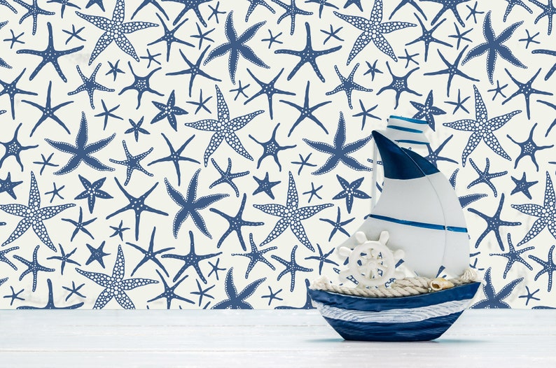 Blue starfish nautical fabric peel and stick wallpaper