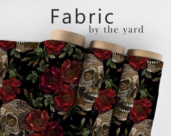 Gothic Fabric, Skull Material, Dark Moody Textiles, Goth Design, Halloween Cloth, Maximalist Fabric, Bones Pattern, Fabric By The Yard