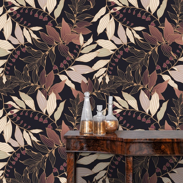 Botanical Wallpaper, Tropical Wallpaper, Dark Wallpaper, Purple Leaves Wallpaper, Peel and Stick Wallpaper, Fabric Wallpaper