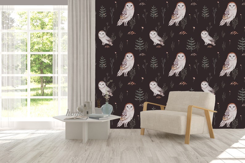 Peel and stick woodland owl dark wallpaper