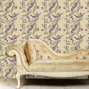 Chinoiserie Wallpaper, Victorian Wallpaper,  Botanical Wallpaper, Peel and Stick Wallpaper, Pink Bird  Wallpaper, Fabric Wallpaper