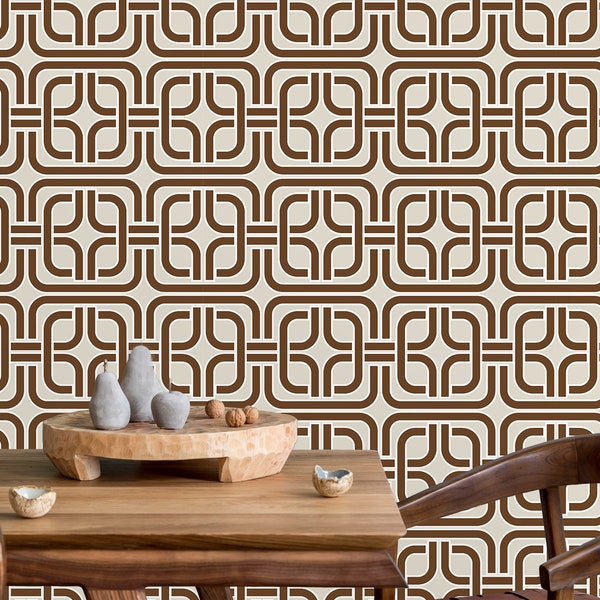 Retro Wallpaper, Mid-Century Wallpaper, Vintage Wallpaper, Brown Geometric Wallpaper, Peel and Stick Wallpaper, Fabric Wallpaper