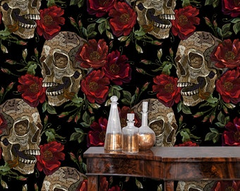 Skull Wallpaper, Gothic Wallpaper, Moody Wallpaper, Goth Wallpaper, Black Floral Wallpaper, Peel and Stick Wallpaper, Fabric Wallpaper