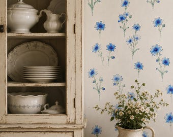 Blue Floral Wallpaper, Flower Wallpaper, Cottage Wallpaper, Vintage Farmhouse Wallpaper, Garden Wallpaper, Peel & Stick Wallpaper