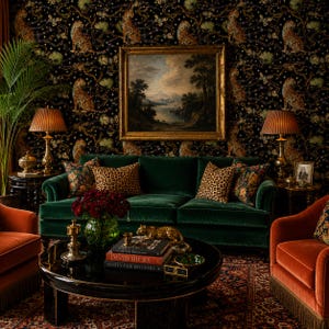May include: A dark green velvet sofa with leopard print pillows, positioned in front of wallpaper featuring leopards and gold chains. A black coffee table holds books titled David Hicks and Vanity Fair 100 Years, with a gold leopard figurine.