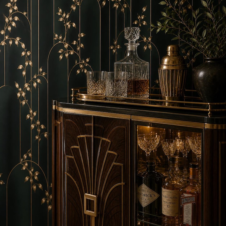 K&ouml;nnte beinhalten: Ein luxuri&ouml;ser Barschrank mit dunklem Holzfinish und goldenen Akzenten. Er verf&uuml;gt &uuml;ber eine Kristallkaraffe, einen Cocktailshaker und Gl&auml;ser auf einem Tablett. Der Schrank ist mit Flaschen und Gl&auml;sern gef&uuml;llt, vor einer dunkelgr&uuml;nen Tapete mit Goldblattmuster.