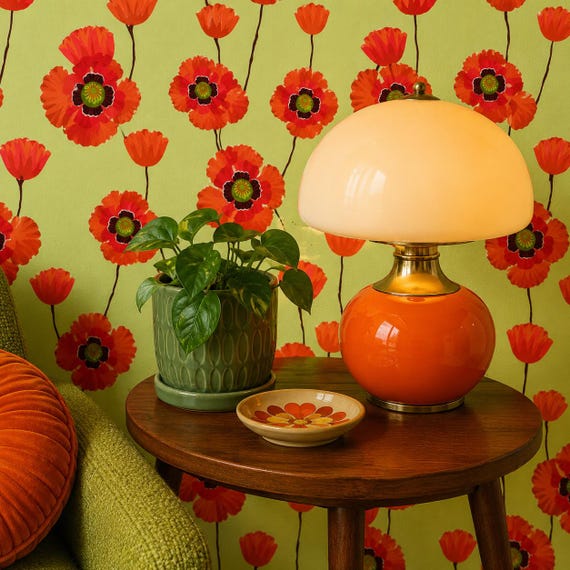 Retro Wallpaper, Mid Century Wallpaper, Vintage Wallpaper, Peel and Stick Wallpaper, Orange Floral Wallpaper, Fabric Wallpaper