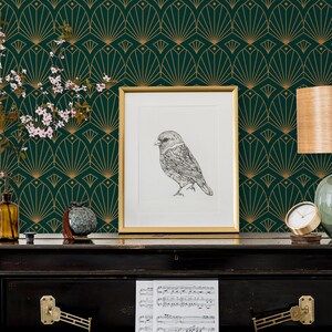 Black and gold antique Art Deco geometric fabric peel and stick wallpaper with piano, lamp and picture
