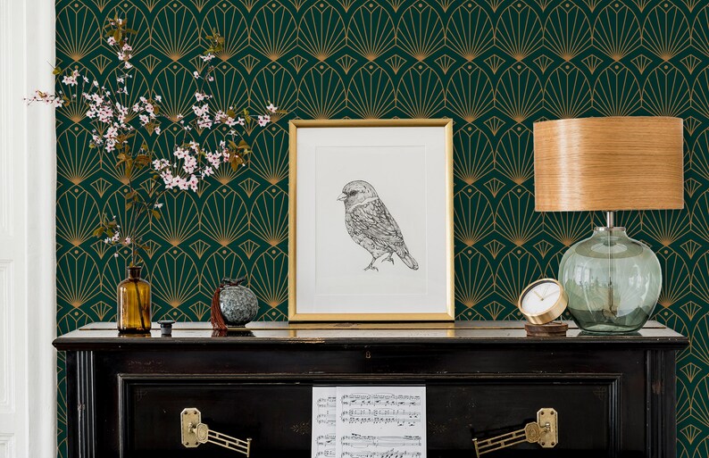 Black and gold antique Art Deco geometric fabric peel and stick wallpaper with piano, lamp and picture